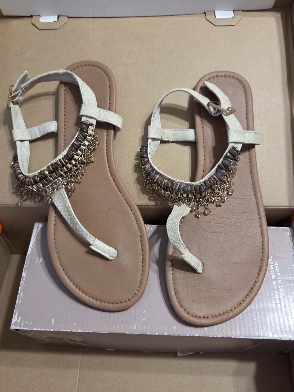 Women's Cream T-Strap Beaded Sandals
